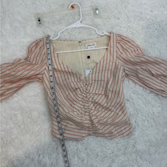 Lovers and Friends Ivory Pink Linen Blend Striped Puff Sleeve Top Size XS NWT - Picture 8 of 10